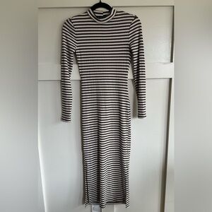 Topshop Black White and Brown Striped Fitted Long Sleeve Maxi Dress XS 2